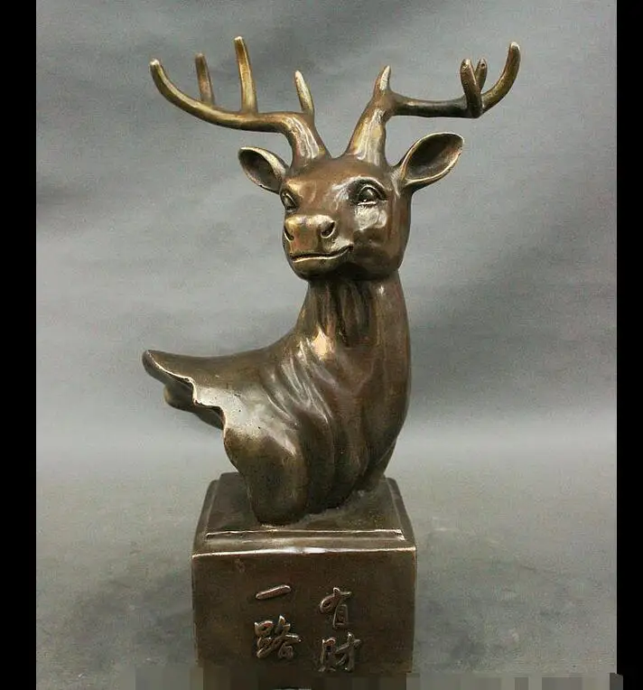 

wan67106008+++12" China Bronze Copper Folk Animal Wealth Sika Deer Head Bust Statue Sculpture