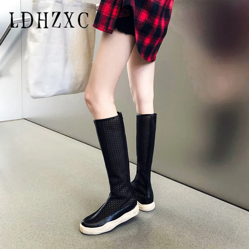 

LDHZXC Summer Boots Knee High Boots High Heels Boots Plus Size 34-46 Round Toe Women Knee Lace Boots Sexy Shoes Women
