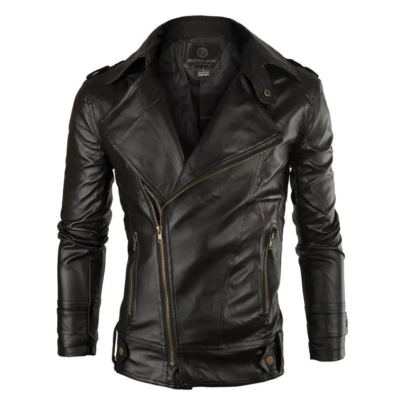 MORUANCLE модная мужская куртка из искусственной кожи, куртка из искусственной кожи, пальто для мужчин, однотонная приталенная куртка с отложным воротником, размер M-XXL - Цвет: Черный