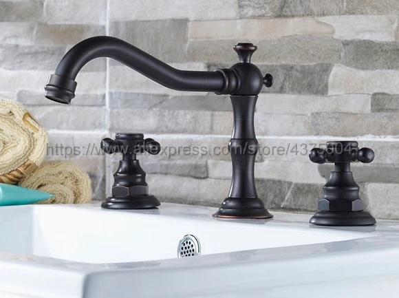 

Basin Faucet Deck Mounted 3 piece set Bathroom Black Oil Rubbed Brass Two Handle Sink Mixer Tap Nnf200