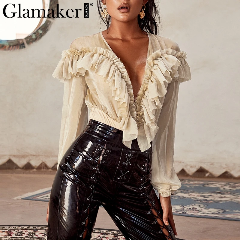Glamaker Ruffle chiffon mesh long sleeve bodysuit Women transparent  v neck bodysuit Sexy autumn winter bodycon female bodysuit