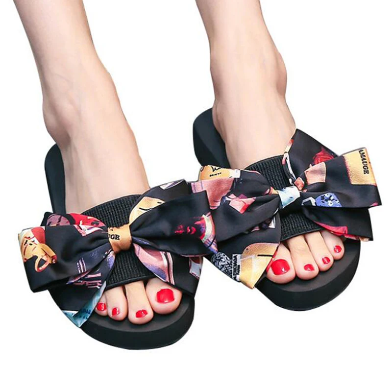 

VOTODA 2019 Female Handmade Bow Slippers Beach Middle Heels Non-slip Soft Sandals Women's Resort Hotel Portable Flip Flops