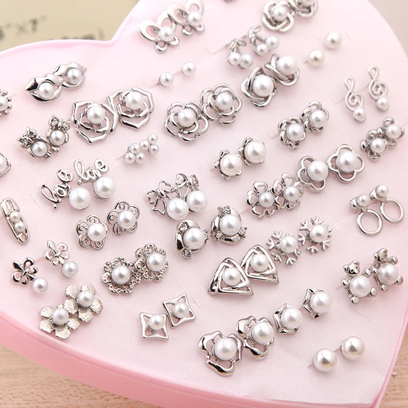 36 пар модные жемчужные серьги-гвоздики набор подарочная коробка в форме сердца дизайн для женщин звезда/цветок/Любовь/вишня/губы смешивания маленькие серьги набор
