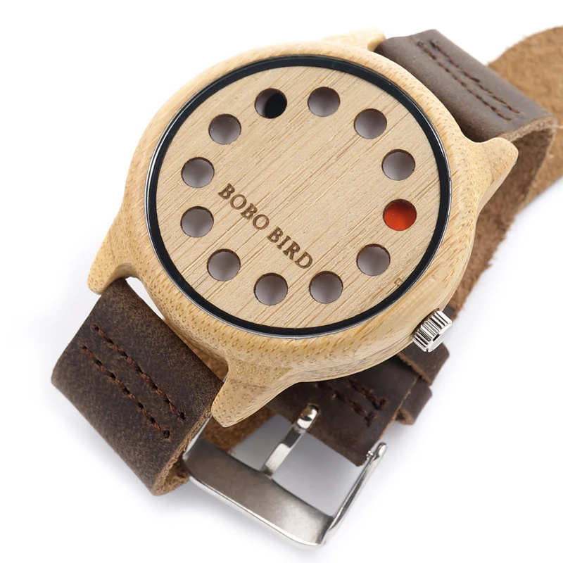 BOBO BIRD Unique Wood Watch 12 Wholes Real Leather Band Bamboo Quartz Watch for Men In Gift Box
