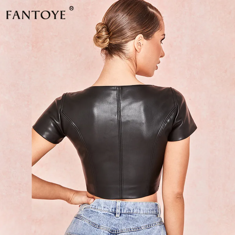 Fantoye PU Leather Bodycon Women Crop Top Sexy Black Summer Autumn Mini Tank Top Femme Sexy Party Haut Ladies Bustier Short Tops