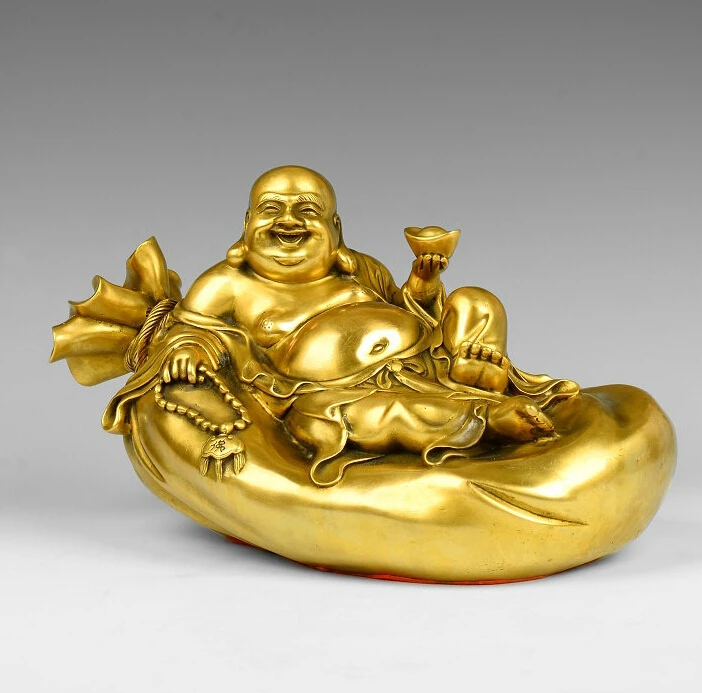 

China Happy Laughing Buddha Maitreya Lying On Money Bag Bronze Statue