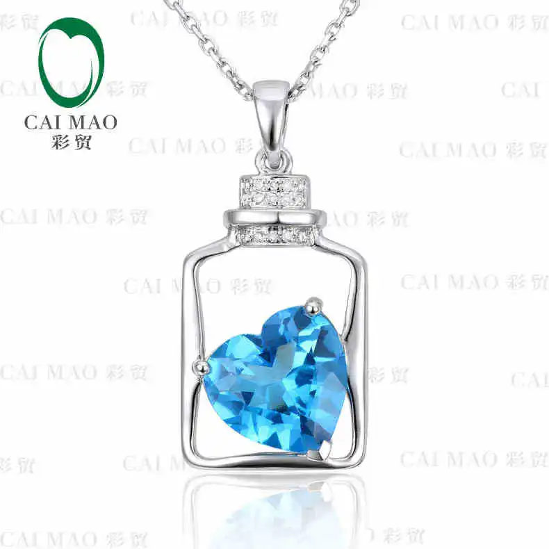 CaiMao 18KT/750 White Gold 3.83 ct Natural IF Blue Topaz & 0.05 ct Full Cut Diamond Engagement Gemstone Pendant Jewelry