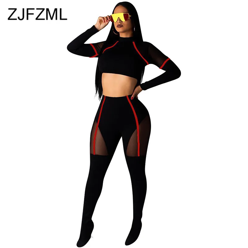 شبكة مخطط خليط اثنين من قطعة مجموعات النساء موك الرقبة كم طويل المحاصيل الأعلى + Bodycon بانت الشارع الشهير 2 قطعة النادي الزي رياضية