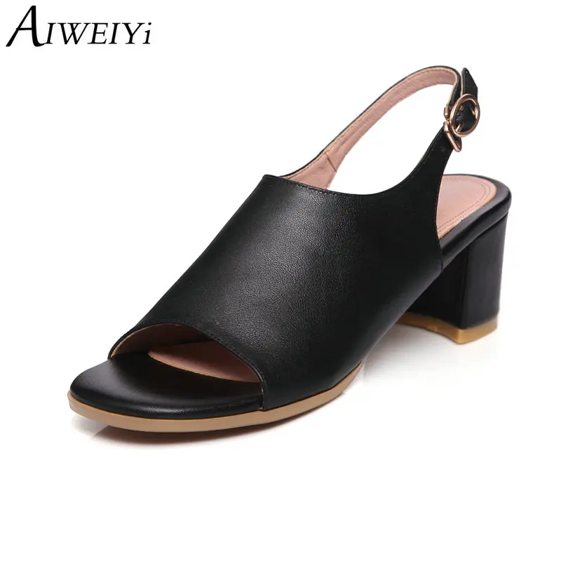 

AIWEIYi Women Cow Leather Sandals Summer Style Black White Square Heel High Heels Sandals Gladiator Shoes Woman