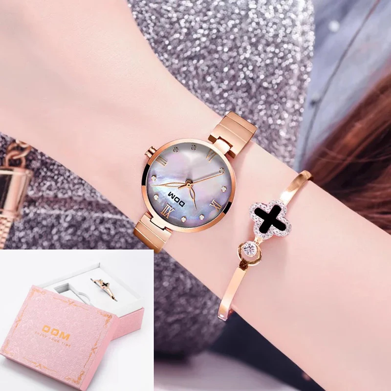 

Fashion Women Watches 2Pcs Set With High quality Watch box Shell Dial Clock Luxury Rose Gold Women's Bracelet Quartz WristWatch