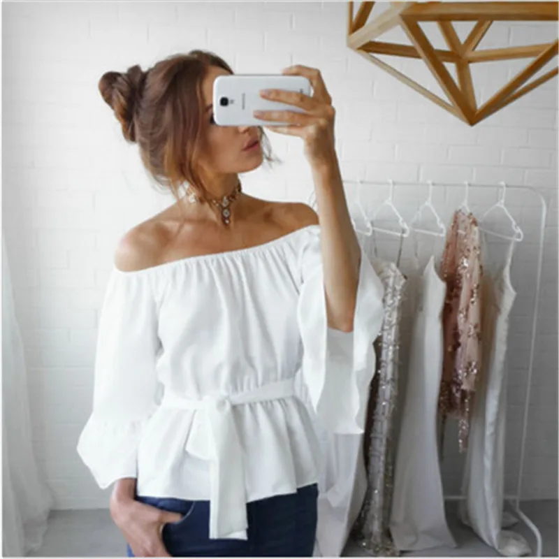 

New 2017 Fashion Women Chiffon Blouses Long Sleeve Slash Neck Shirts Sexy Off Shoulder Bandage Tops Casual Blusas Femininas