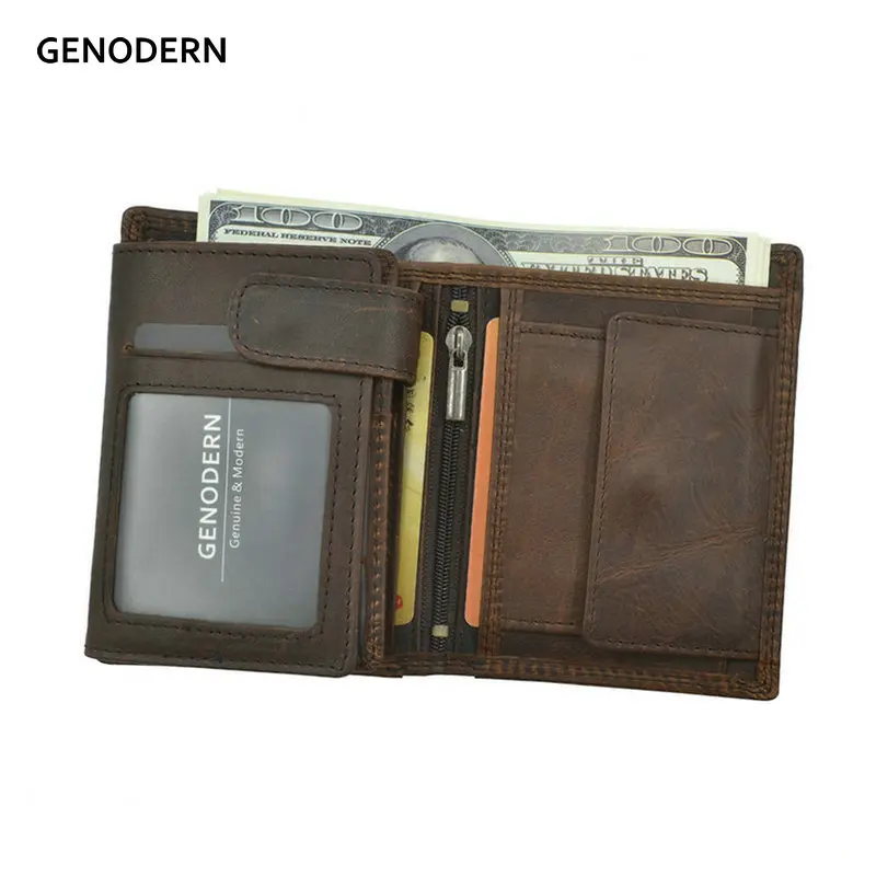 GENODERN Vintage Men Wallets Crazy Horse Leather Wallets for Men Multi Function Men Wallet with Coin Pocket Brown Male Purse GENODERN Vintage Men Wallets Crazy Horse Leather Wallets for Men Multi Function Men Wallet with Coin Pocket Brown Male Purse