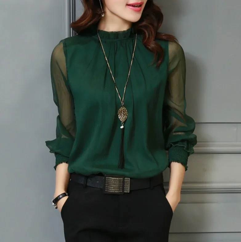 

Chiffon Blouse 2019 New Women Tops Long Sleeve Stand Neck Work Wear Shirts Elegant Lady Blouses Casual Solid Color Blusas