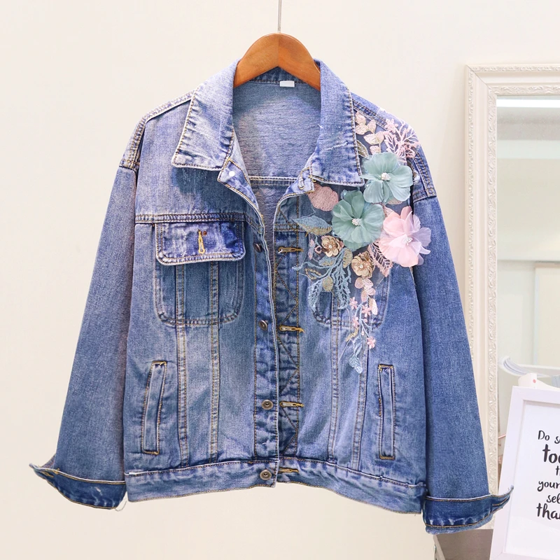 

Women 2019 New Spring Autumn Embroidery 3D Flower Denim Jacket Women Casual Jeans Coat Basic Fashion Big size Ladies Outerwear