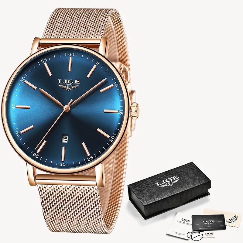 Relogio Masculino LIGE New Mens Watches Top Brand Luxury Ultra Thin Quartz Watch Men Steel Mesh Strap Waterproof Gold Watch - Цвет: Rose gold blue