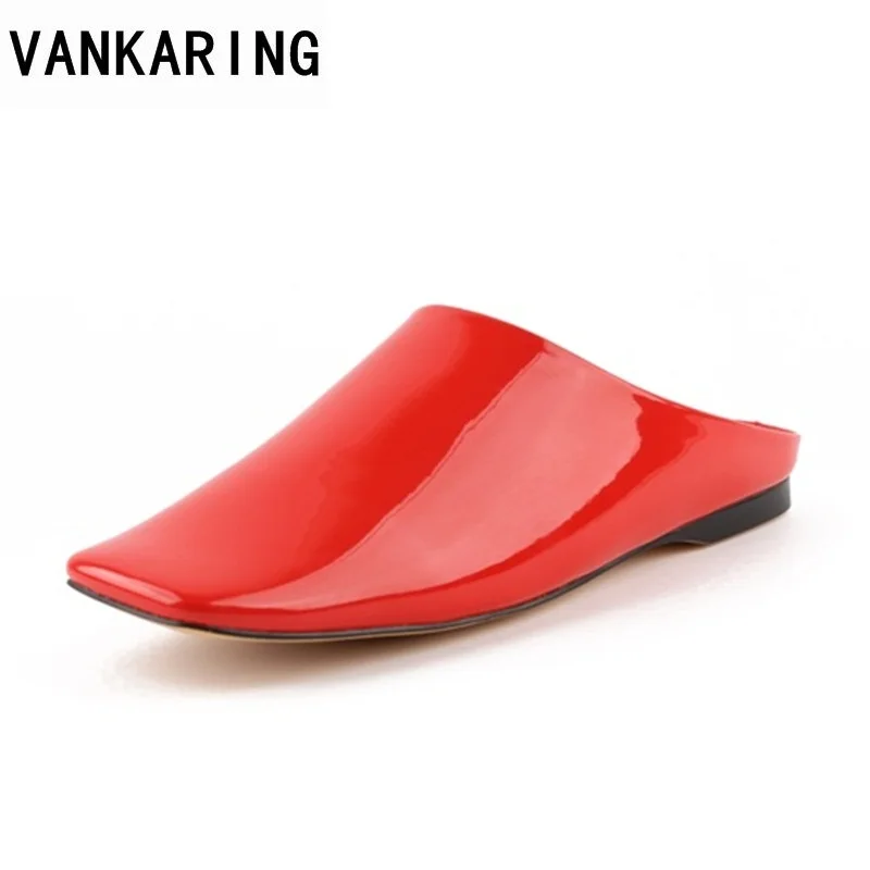 

VANKARING new 2018 concise fashion square toe patent leather slippers big size 34-43 gladiator date dress women shoes sandals