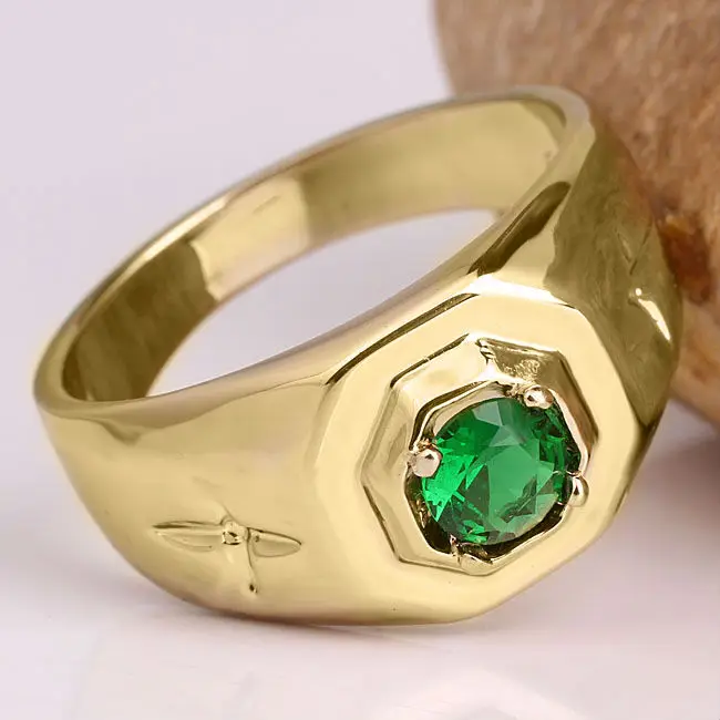 Желтое золото цвет для мужчин твердое Серебряное кольцо 5 мм камень центр модные украшения выбор Размер от 10 до 13 R524G - Цвет основного камня: Green Emerald