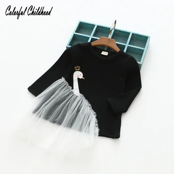 

Children Tops 2018 Spring Style Girls Shirts Long Sleeve O-Neck Swan Pattern Chiffon Design for toddler Kids clothes 2-7Years