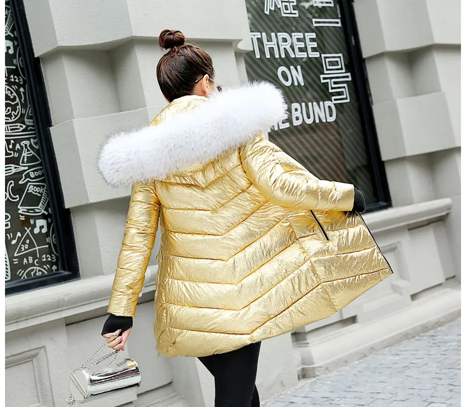Зимняя куртка с большим меховым воротником, женские пальто с капюшоном, стеганая парка, женское теплое пальто большого размера, женский серебряный пуховик размера плюс