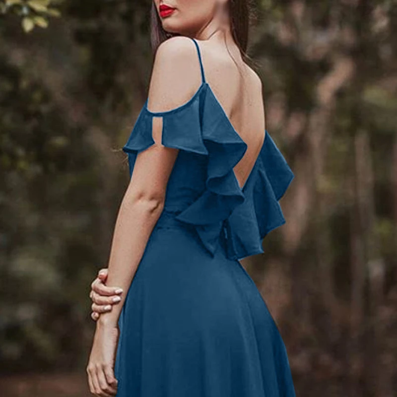 

Women Dress Summer Floor Length Formal Fashion Solid Gown Swing Casual Sling Sundress V-Neck Cocktail Split