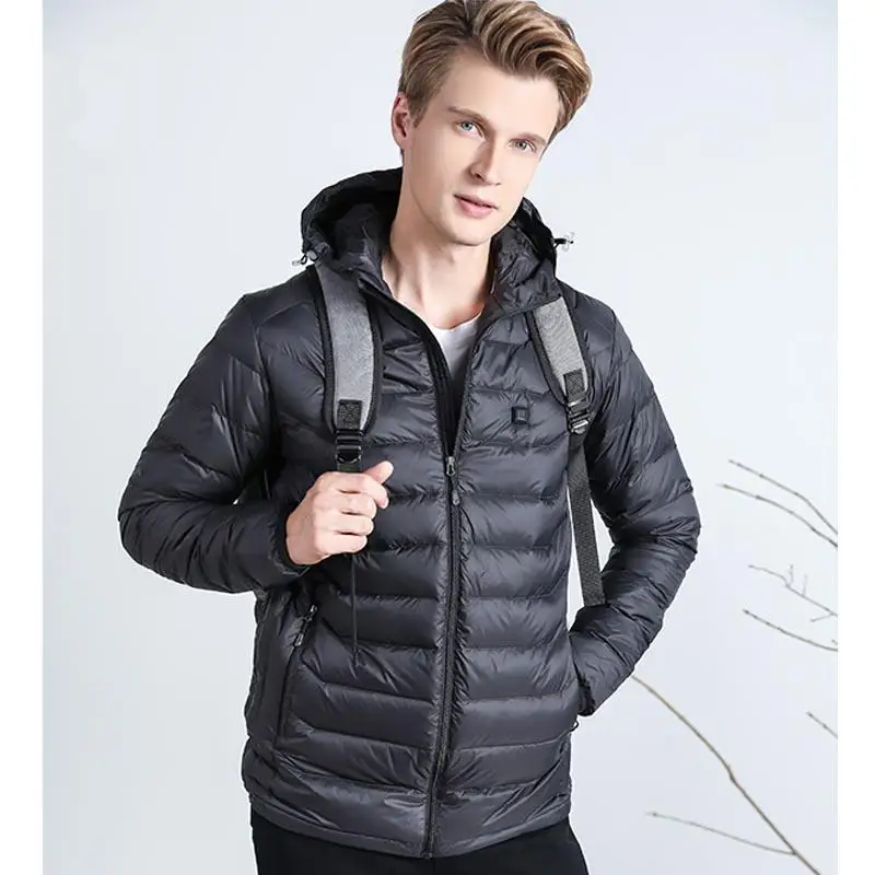 

Light Weight USB Electric Heating Clothes Men 90% Duck Down Jackets Smart Thermostat Pure Color Hooded Heated Parkas Warm Jacket