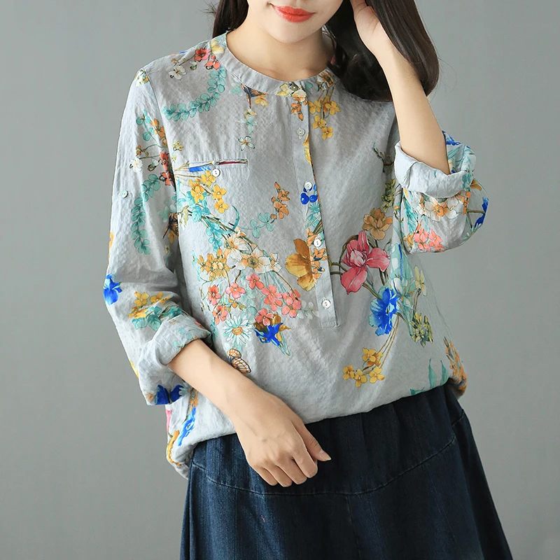 Tie dye printing literary vintage long sleeve shirt blouse mori girl ...