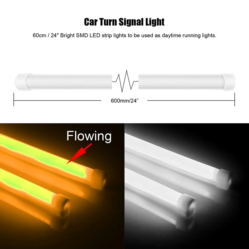 

2Pcs 60CM Flexible Car LED Strip Light White and Flowing Amber Guide Bar Lamp For DRL Angel Eye Headlight Turning Signal Light