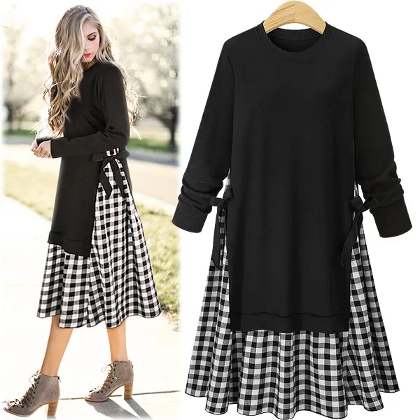 

MLXSLKY 2019 spring new European American plus size women's lattice stitching round neck long-sleeved long irregular dress