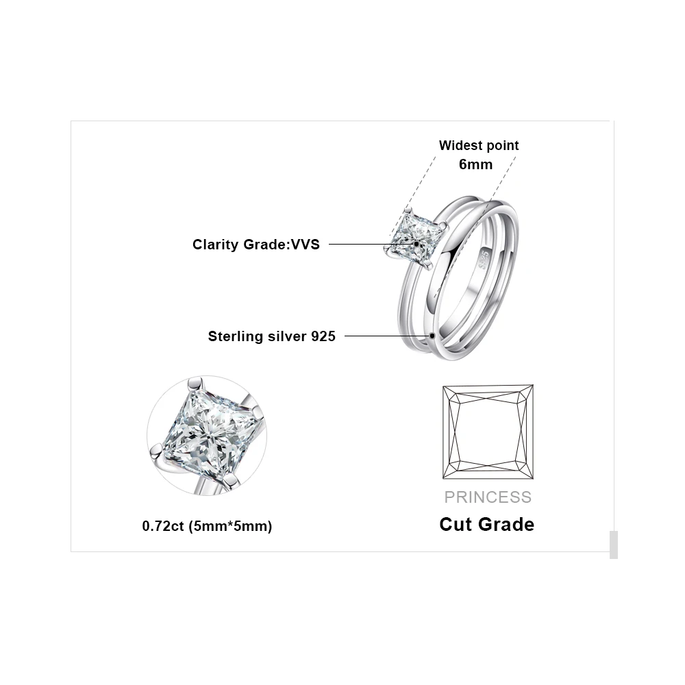 Jewelrypalace Принцесса Cut 0.6ct обручальное Solitaire Обручение кольцо Свадебные Наборы для ухода за кожей 925 стерлингового серебра для Для женщин