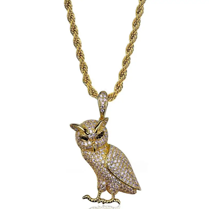

Iced Out AAA Zircon Owl Pendant Animal Necklace Jewelry Gold Silver Color Micro Pave CZ Bling Men's Hip Hip Necklace For Women
