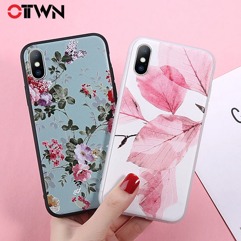 

Ottwn Flower Phone Case For iPhone XS XR XS Max X TPU Silicon Back Cover For iPhone 7 8 6 6s Plus 3D Relief Floral Leaves Cases