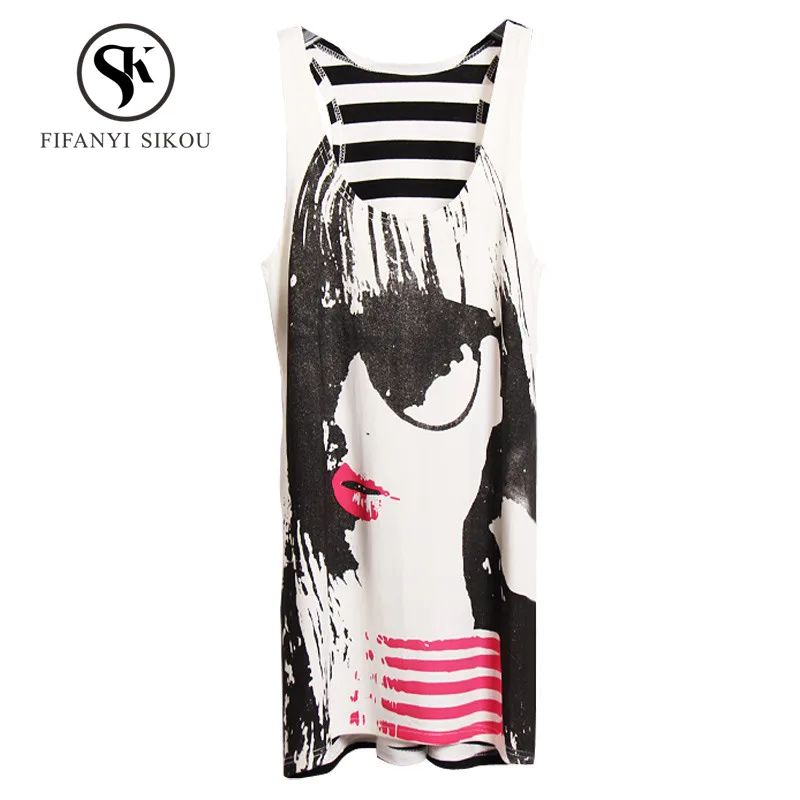 

2019 Summer Cotton Tank Tops women Casual Fashion Print Long Vest Sleeveless Tank T-shirt Plus Size Loose Female O-Neck Tees Top