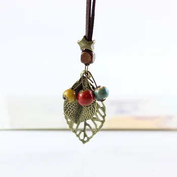 

12 Pieces/Lot Hollow Leaves Charm Necklace For Women Chains Ceramic Beaded Star Chokers Leather Rope Ethnic Jewelry Accessories