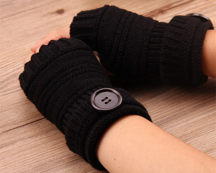 Женские зимние перчатки без пальцев, вязаные с пуговицами, перчатки на половину пальца, мягкие теплые женские перчатки, варежки G208 - Цвет: Black