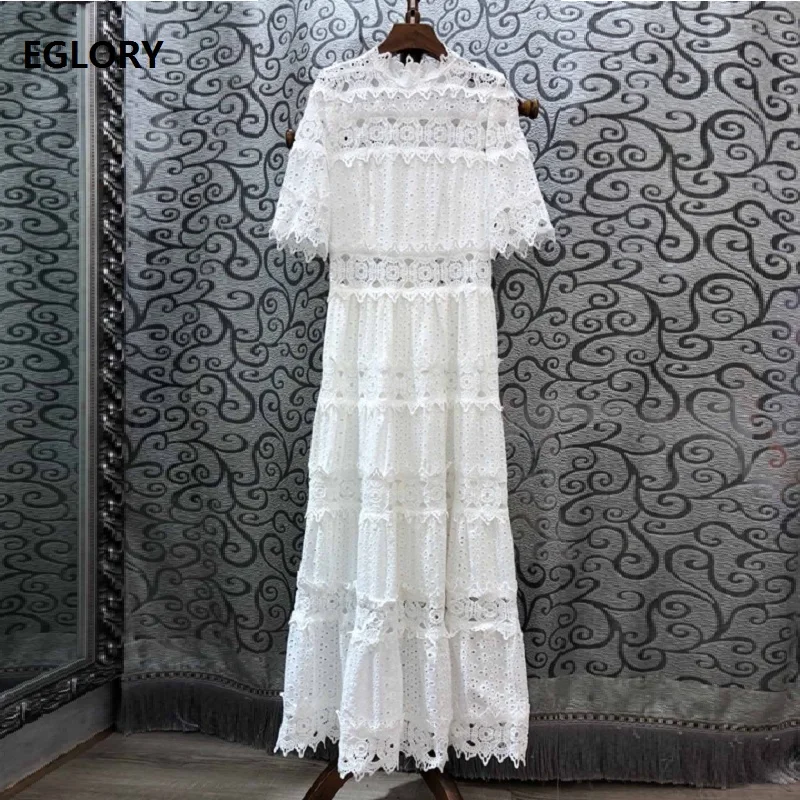 

2019 Autumn Fashion Long Dress High Quality Women Ruffled Collar Hollow Out Embroidery Half Sleeve Maxi Long Cotton Dress White