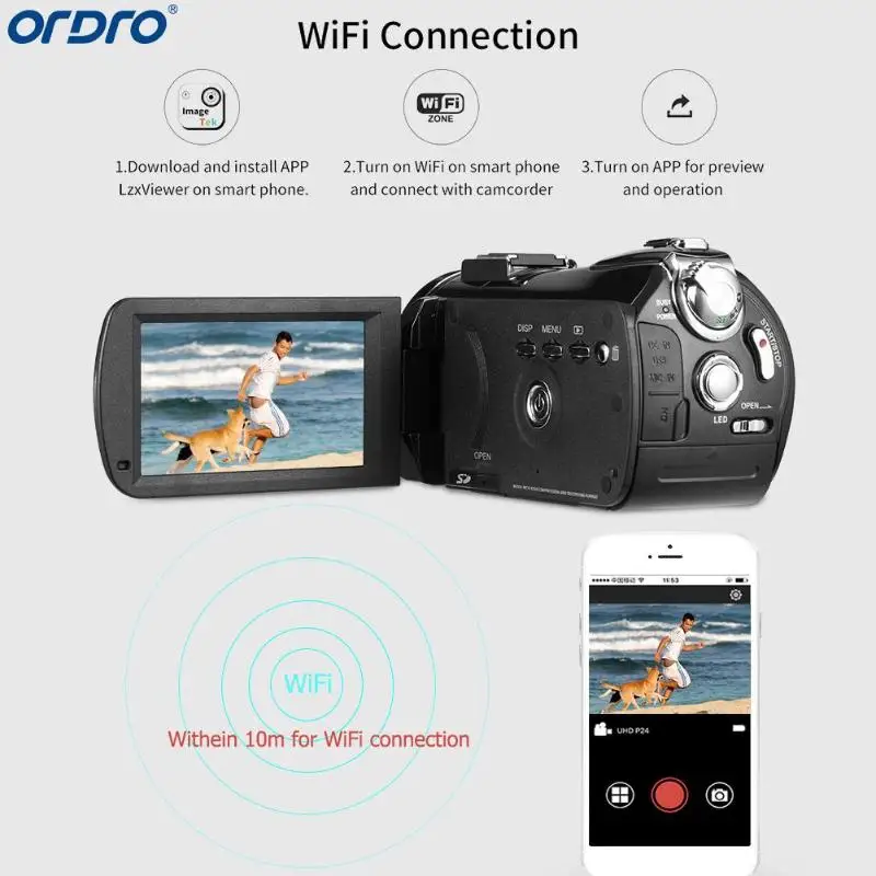 Ordro AC5 4K UHD Цифровая видеокамера FHD 24MP WiFi 12X оптический 100X цифровой зум ips сенсорный экран мини DV видеокамеры