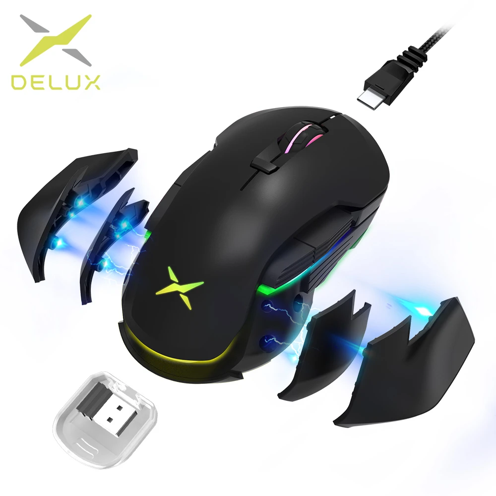 Delux M627 PMW3389 Sensor Wired + Wireless RGB Gaming Mouse 16000 DPI 8 Buttons Left and Right hand Mice With DIY Side Wings wireless mouse for mac