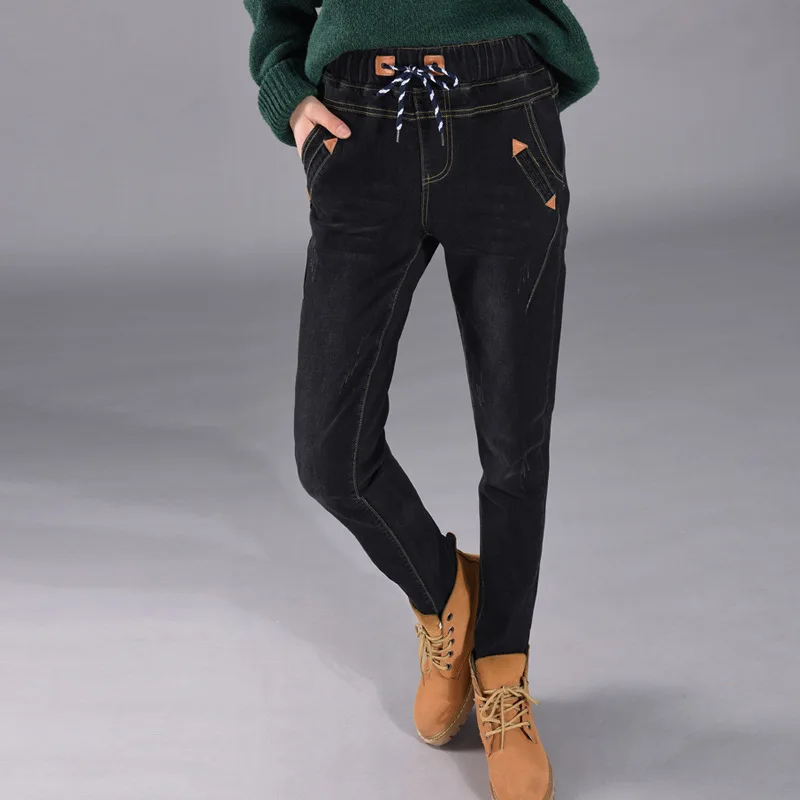 Women Jeans Warm Big Size 5XL Winter Fleece befree Trousers Female High Waisted Elastic Velvet Thickening Loose mom Jeans