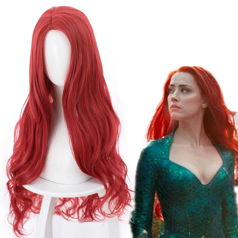 

Movie Aquaman Mera Cosplay Wig 85cm Red Long Curly Wavy Heat Resistant Synthetic Hair Women Party Wig + Wig Cap