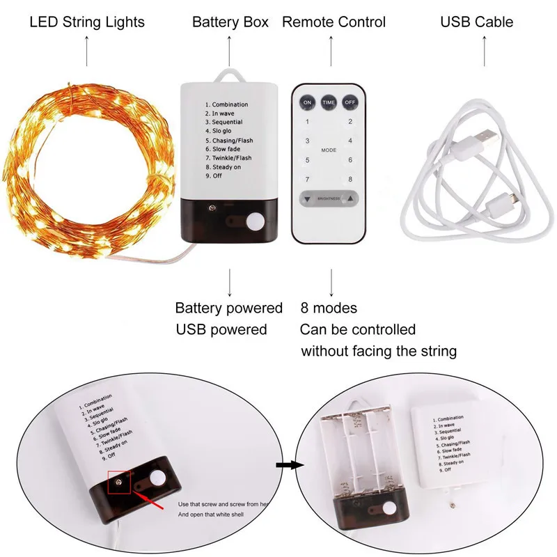 luz string oito modos bateria e usb