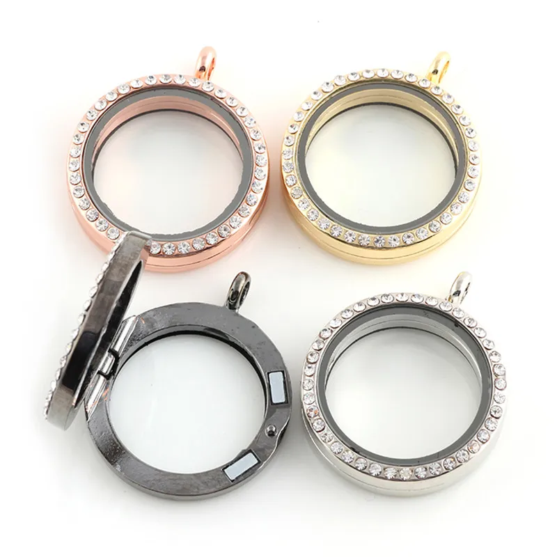 

Fashion 30mm 4 Color Rhinestone Floating locket Round Magnetic Glass Living memory Locket(No Chain)Free Shipping XF05#