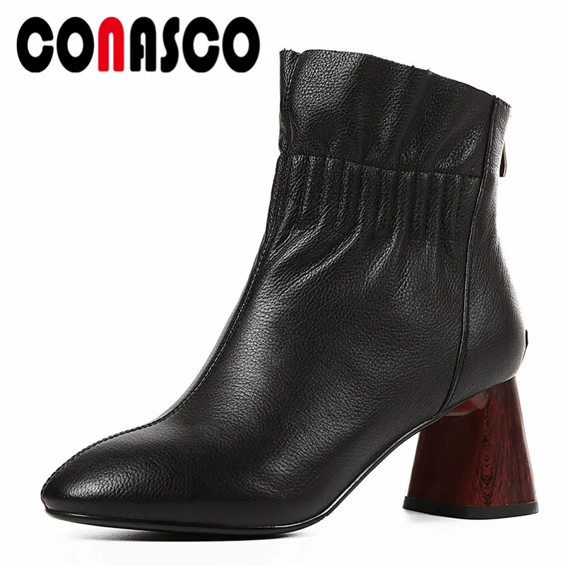 

CONASCO High Quality Women Genuine Leather Ankle Boots High Heels Zipper Martin Shoes Woman Elegant Retro Basic Motorcycle Boots