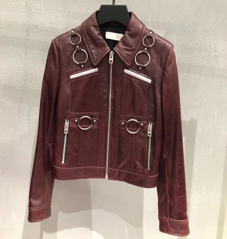 

Spring Unique Design Wine Red Ladies Leather Bomber Jacket Motorcycle Biker Jacket Real Lambskin Leather Jacket for Womens