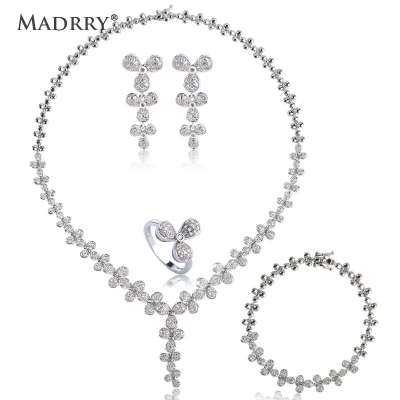 

Madrry Luxurious Bridal Wedding Jewelry Sets Copper Metal Micro Inlay Zircon Women Necklace Earring Bracelet Ring 4 pcs Bijoux