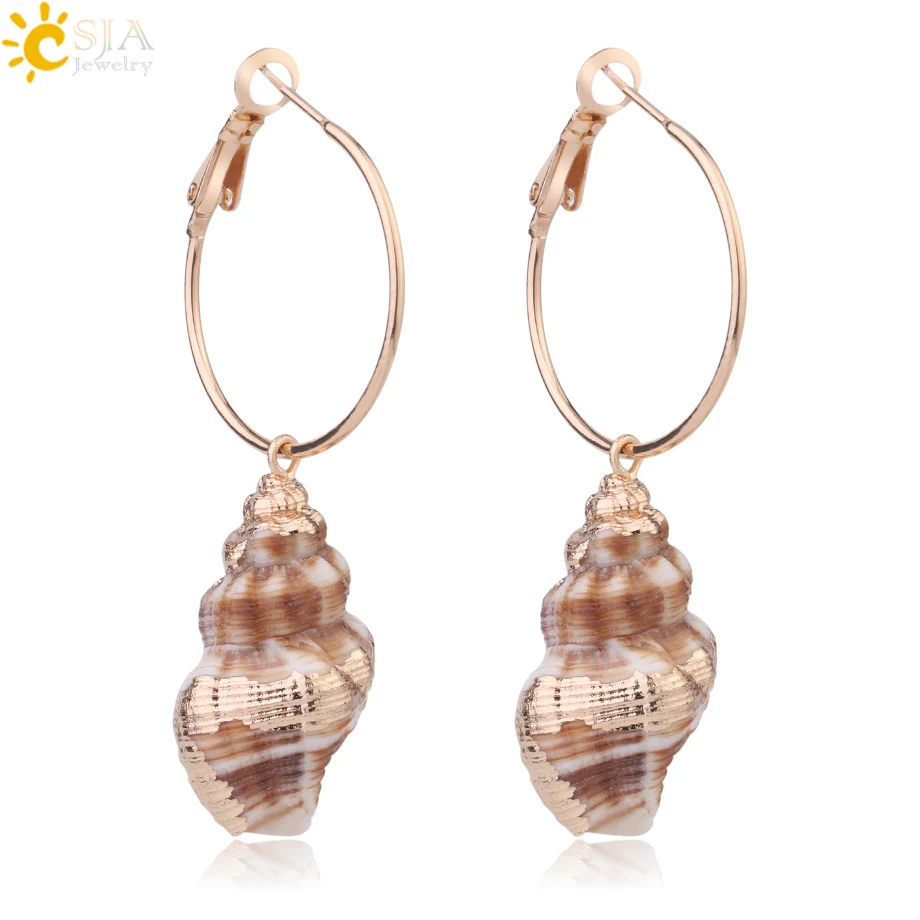 

CSJA Boho Natural Conch Shell Small Hoop Earrings Seashell Gold Color Fashion Sea Beach Casual Ear Jewelry for Women Girls G018