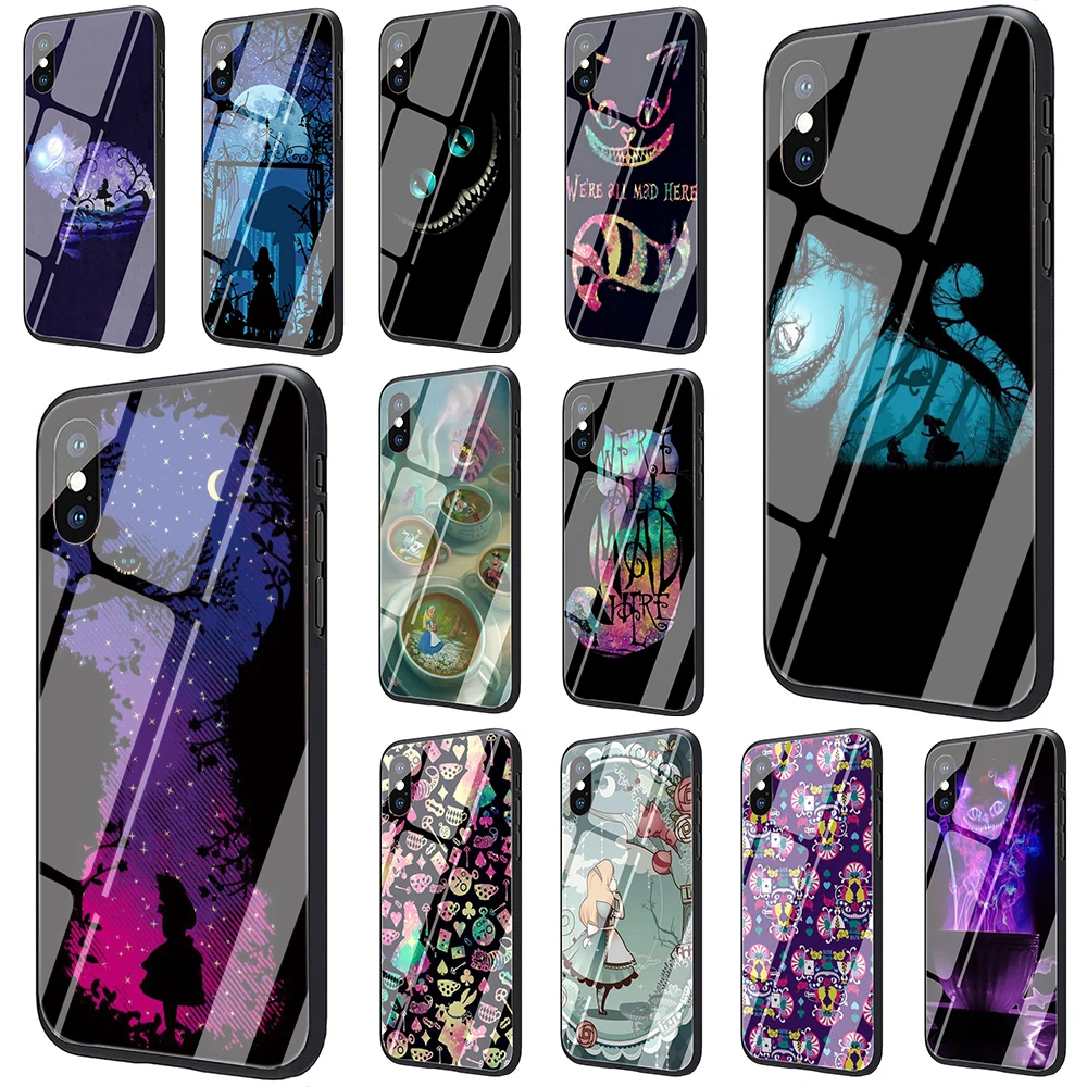

Alice in Wonderland Cheshire Cat Tempered Glass TPU Black Cover Case for iPhone 5 5S 6 6s 7 8 plus X XR XS 11 pro Max