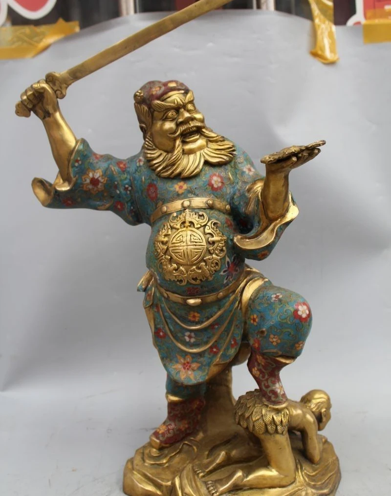 

23" Chinese Bronze Cloisonne Zhong Kui Sword Fu blessing God Fighting Devil Stat