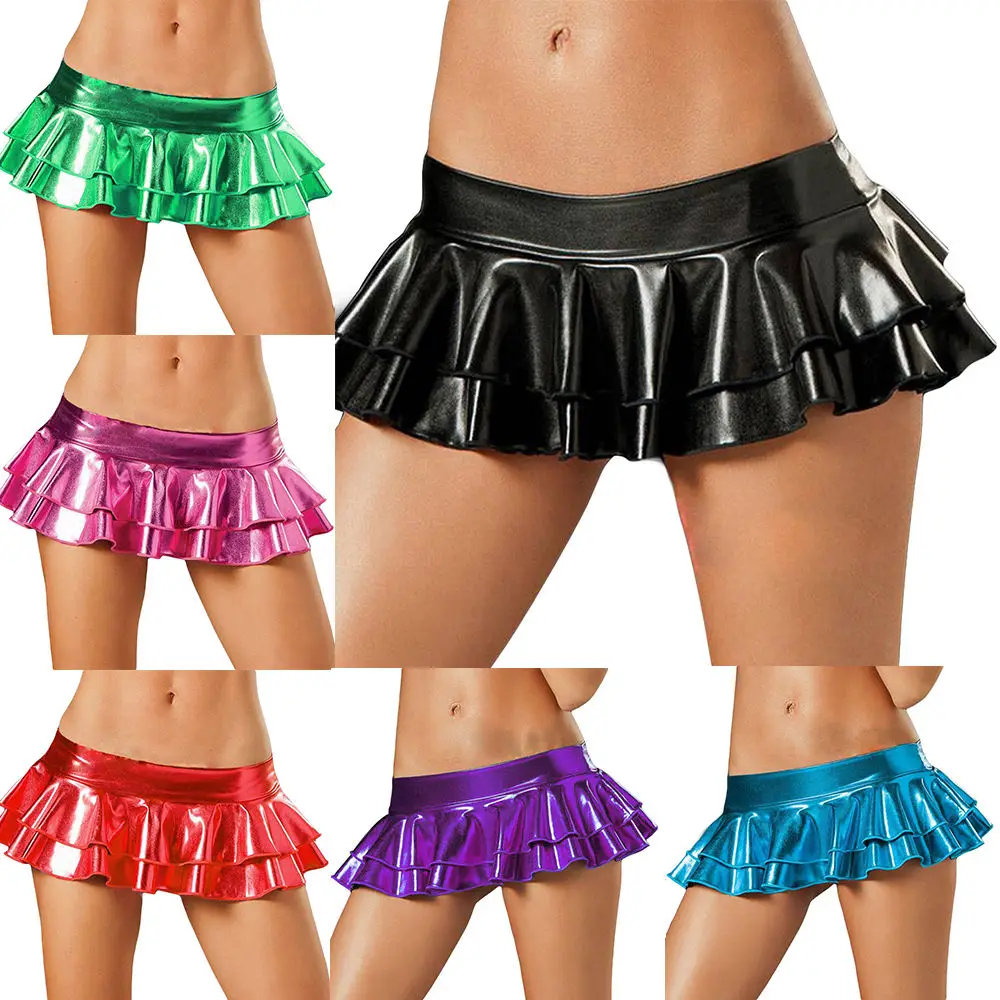 

Hot Sexy Women Metallic Mini Micro Skirt Wet Look Shiny Short Pantskirt Clubwear Ladies Night Club Wear Many Colors are Optional