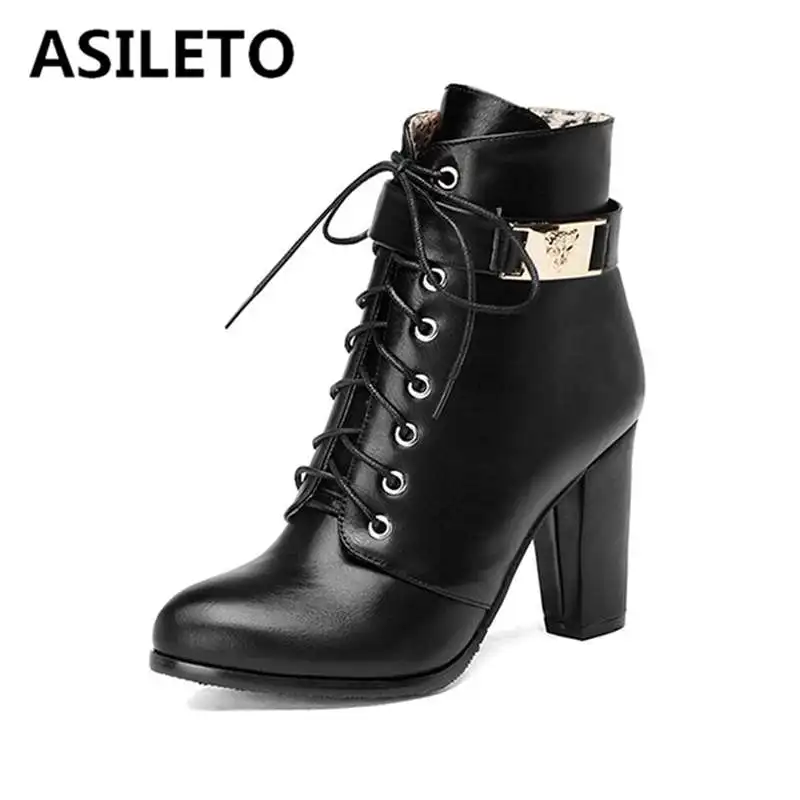 

ASILETO Women ankle boots zipper block heels thick high heel shoes winter footwear zipper cross tied motocross booties big size
