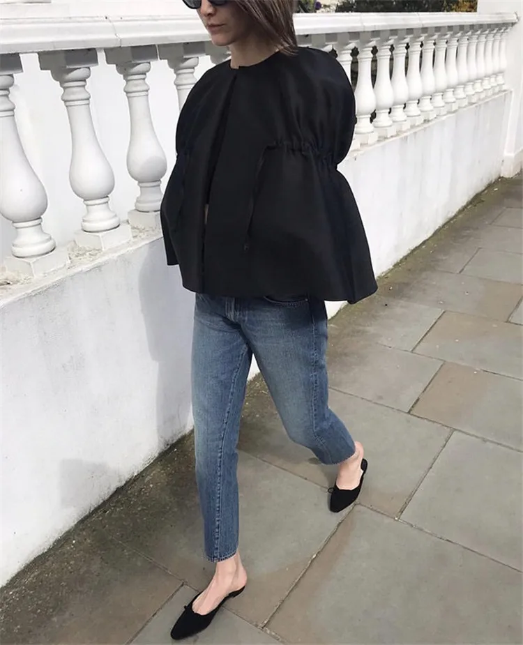 

Grey Black Wool Blend cape coat with Drawstring Round Neck Short Coat 2019 Autumn Winter